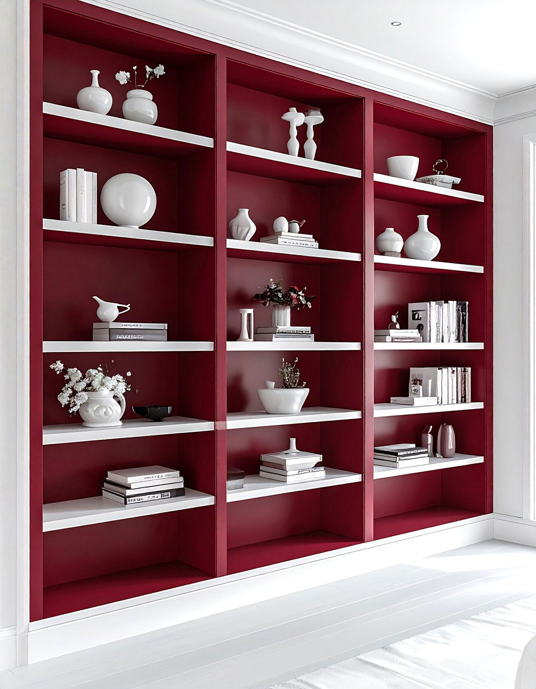 Burgundy built in bookshelves - 30 burgundy and white living room ideas