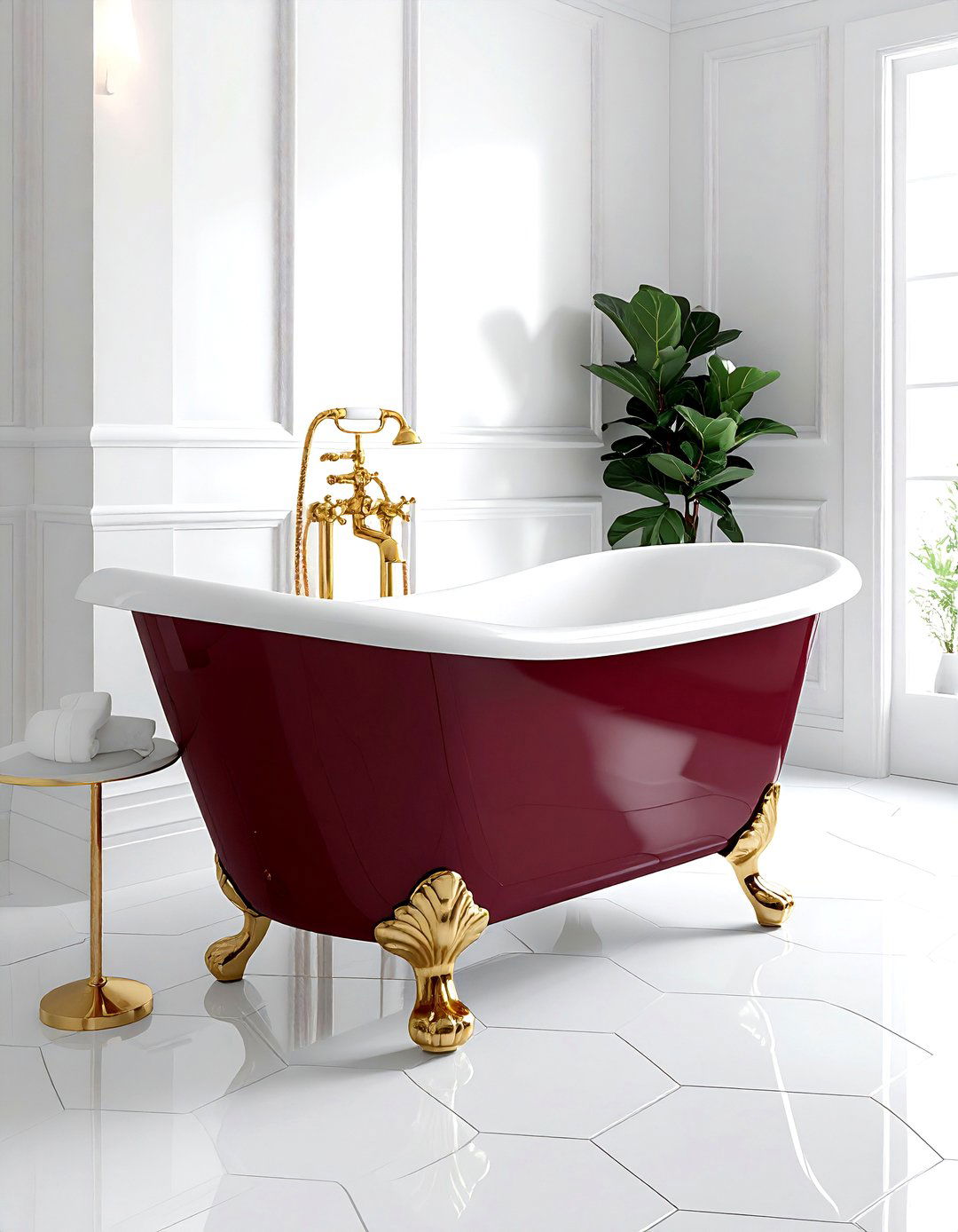 Burgundy clawfoot tub white floor - 30 burgundy and white bathroom ideas