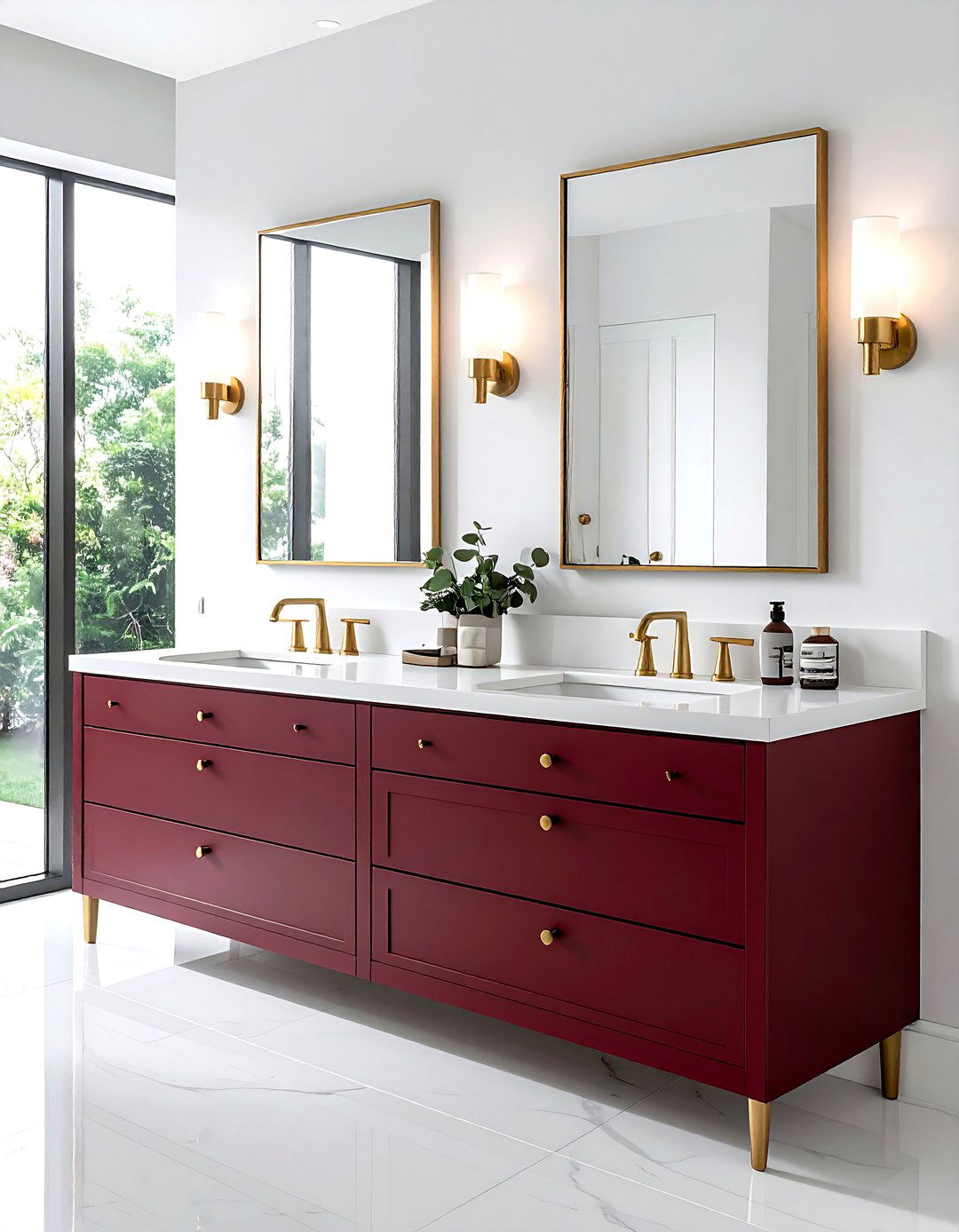 Burgundy double vanity white countertop - 30 burgundy and white bathroom ideas