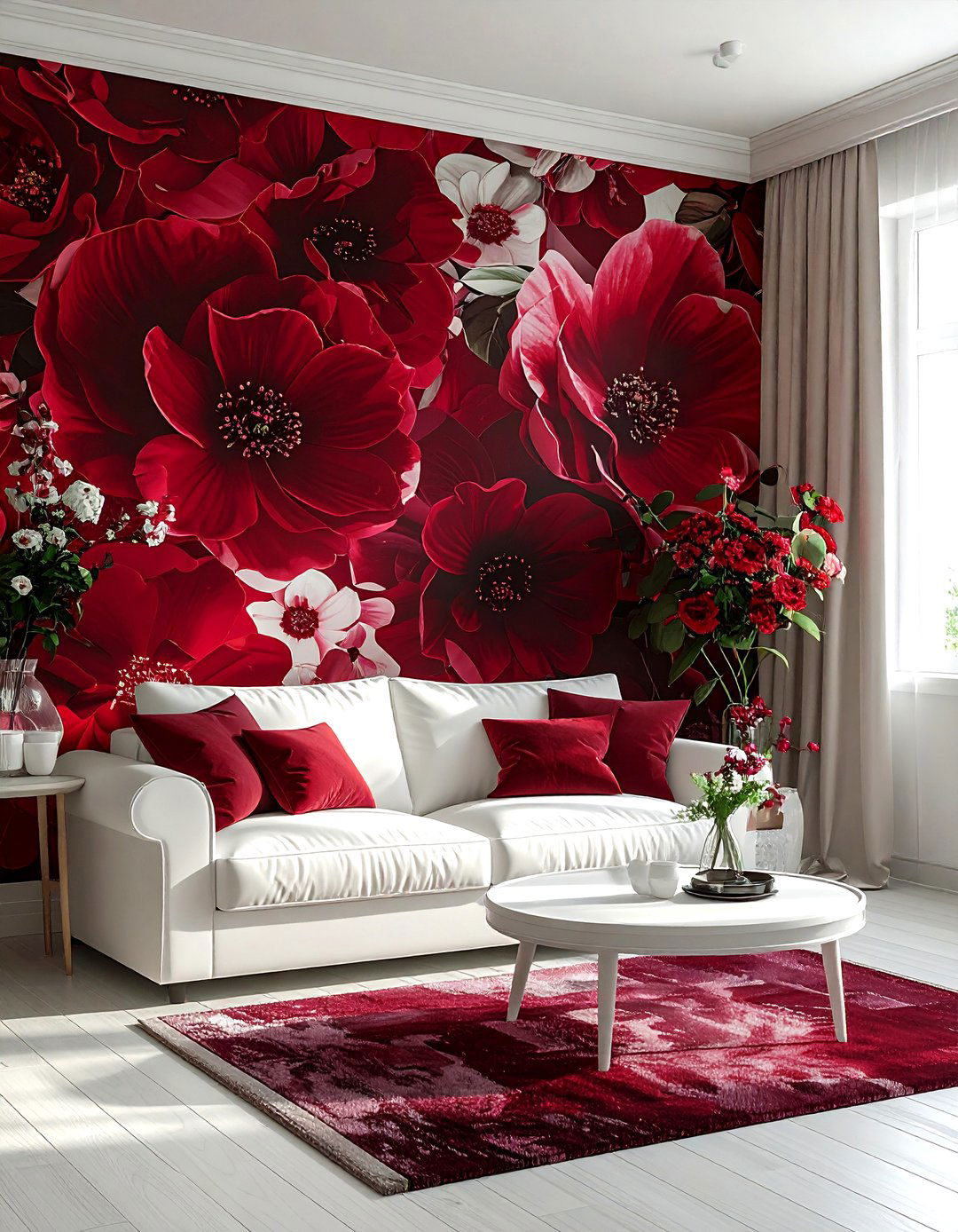 Burgundy floral wallpaper living room - 30 burgundy and white living room ideas