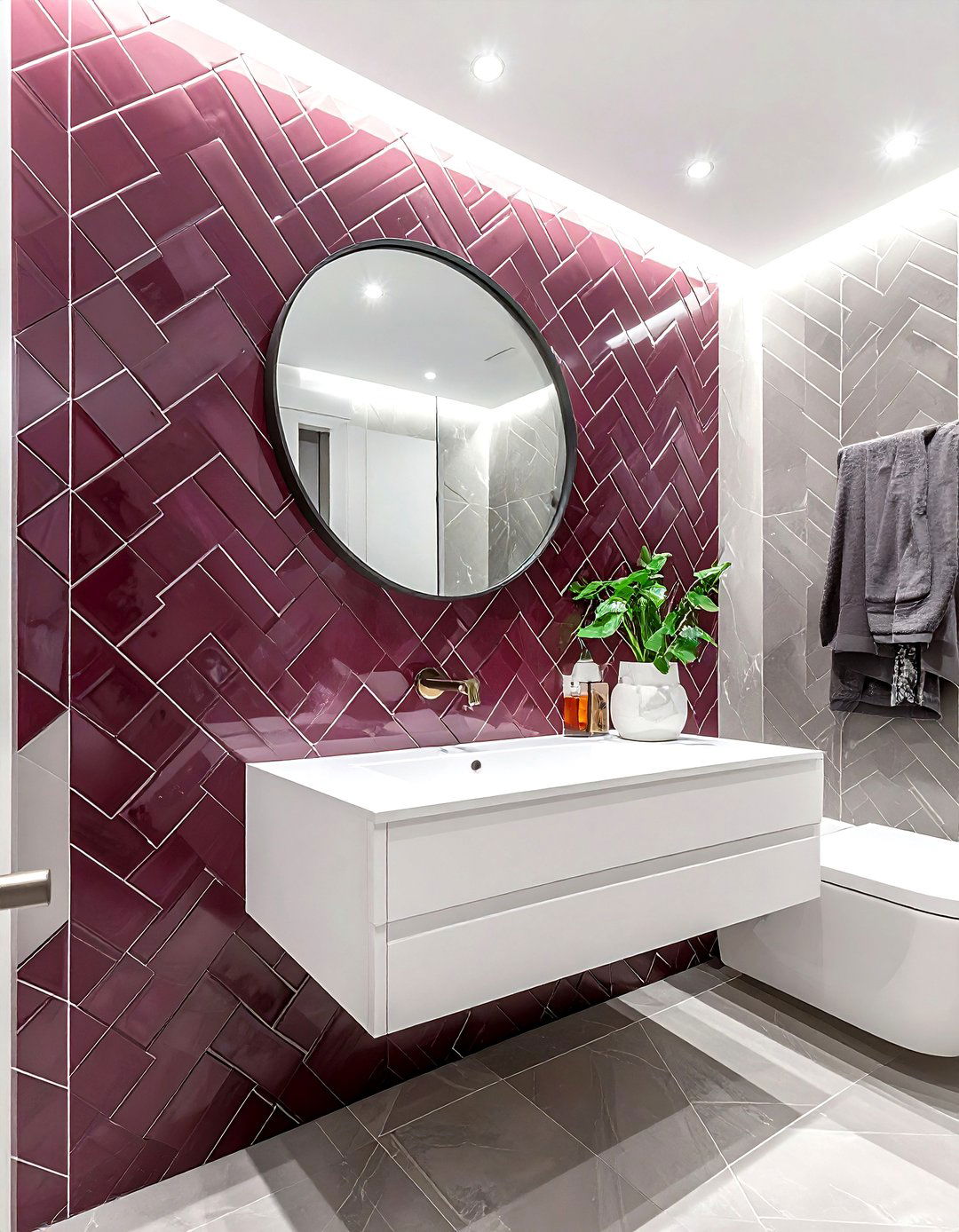Burgundy herringbone tile white bathroom - 30 burgundy and white bathroom ideas
