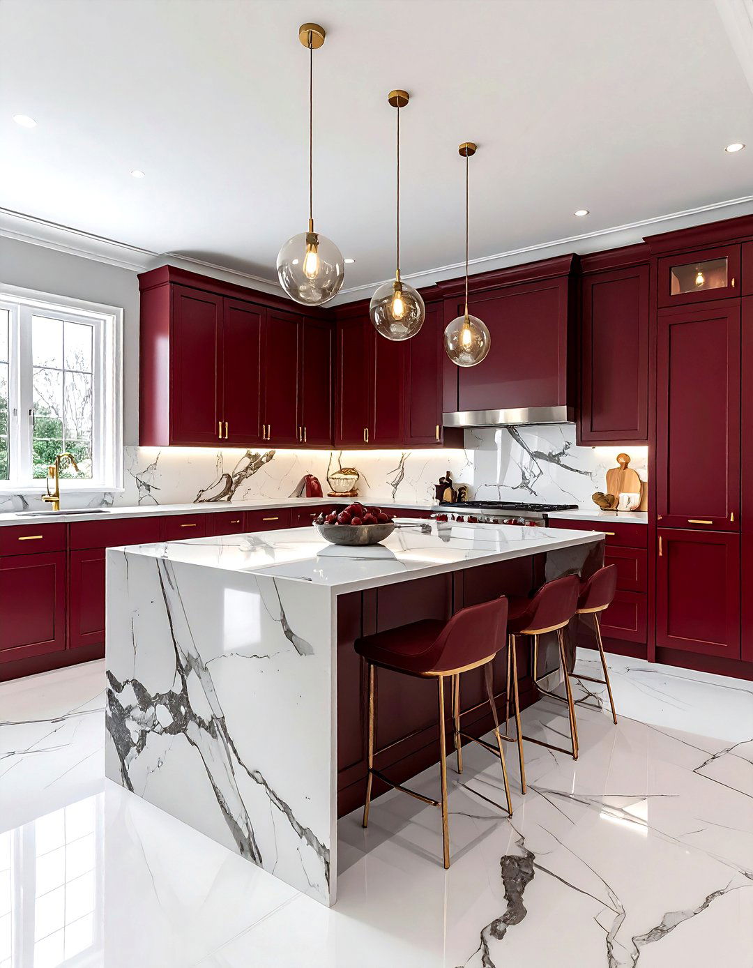 Burgundy kitchen cabinets with white marble countertops - 30 burgundy and white kitchen ideas
