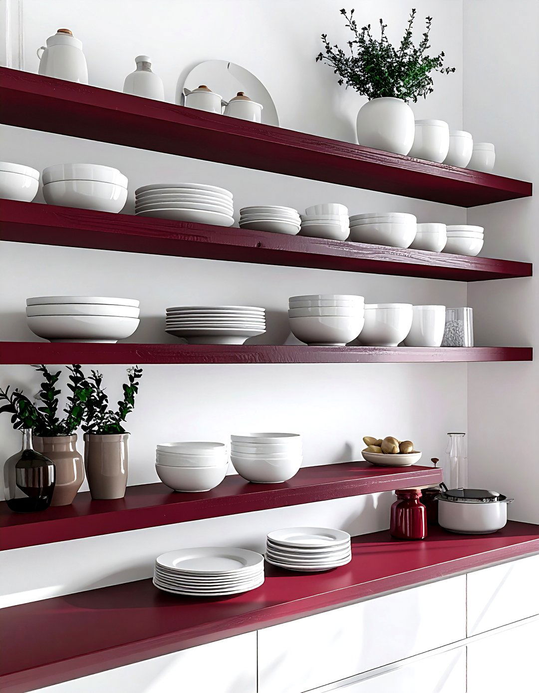 Burgundy open shelving white kitchen - 30 burgundy and white kitchen ideas