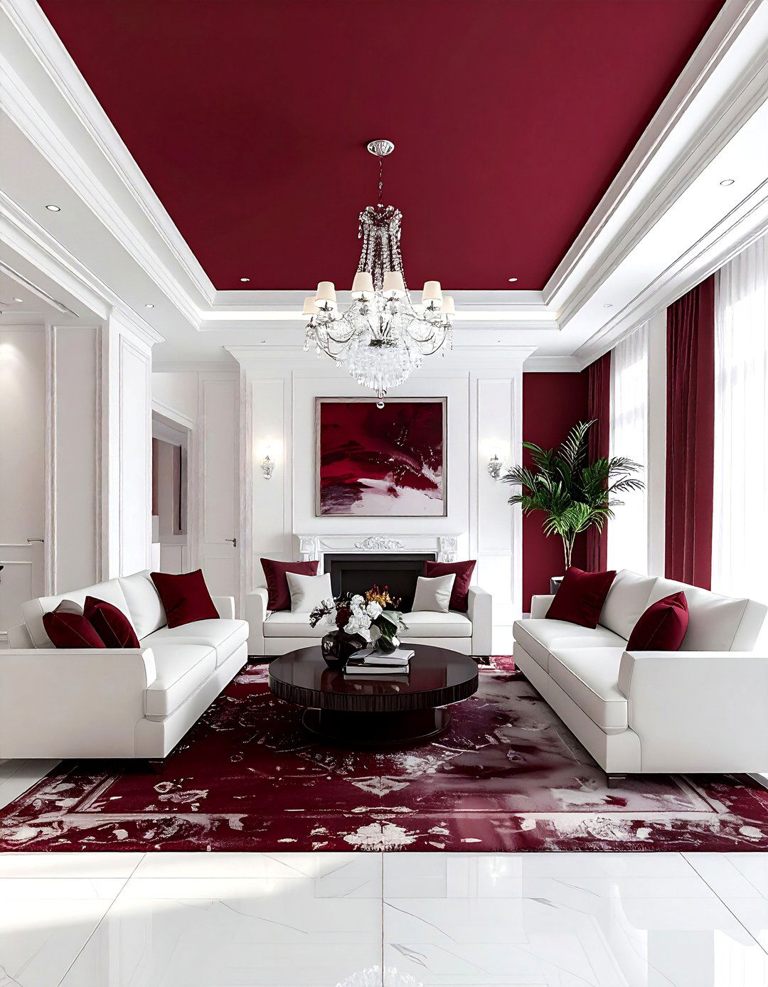 Burgundy painted ceiling white walls - 30 burgundy and white living room ideas