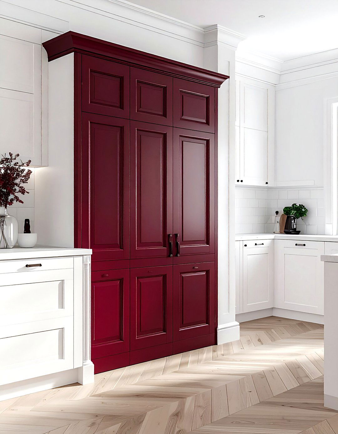 Burgundy pantry door white kitchen - 30 burgundy and white kitchen ideas