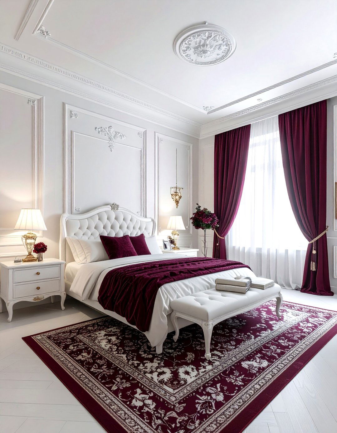 Burgundy patterned wallpaper white trim - 30 burgundy and white bedroom ideas