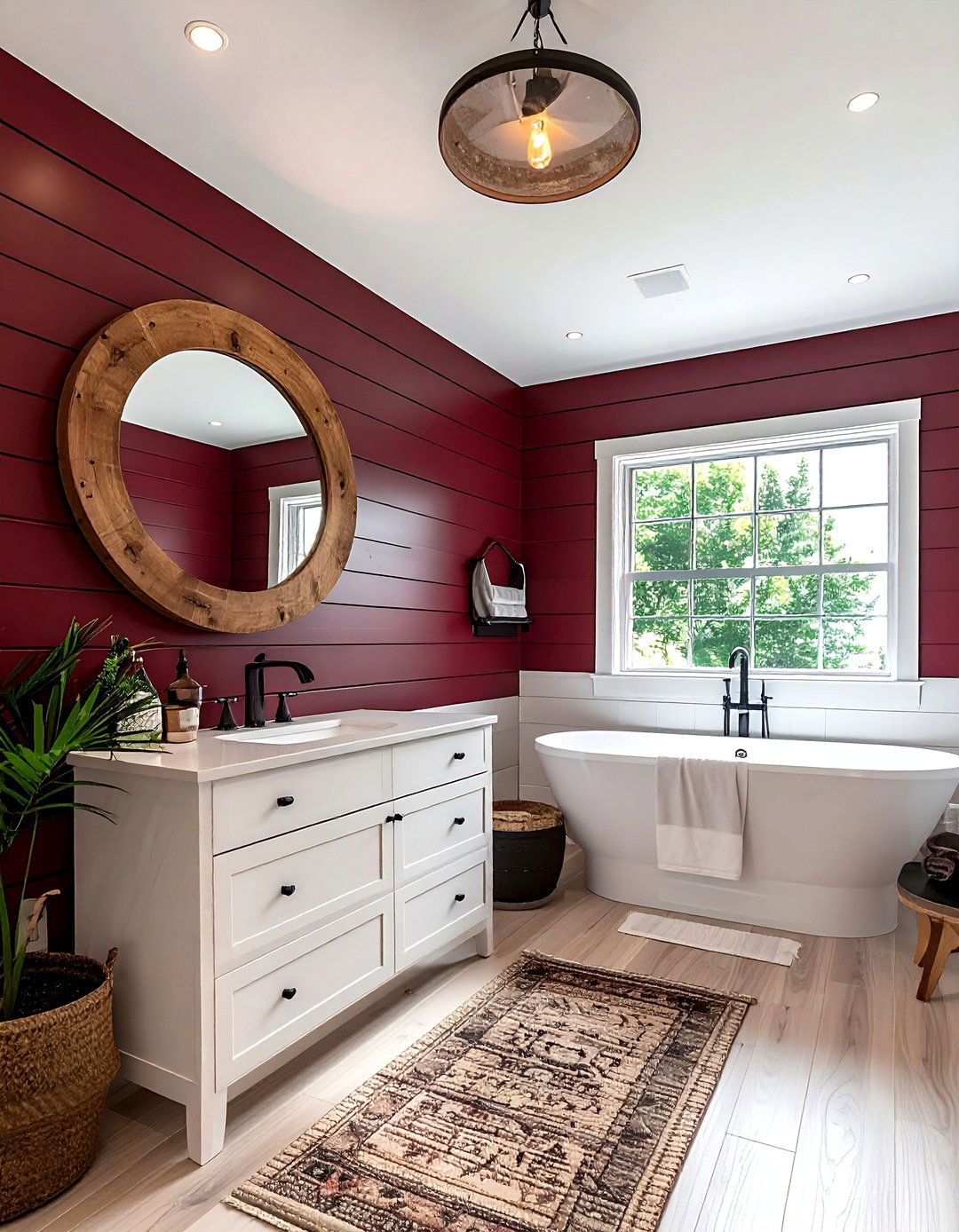 Burgundy shiplap white bathroom vanity - 30 burgundy and white bathroom ideas