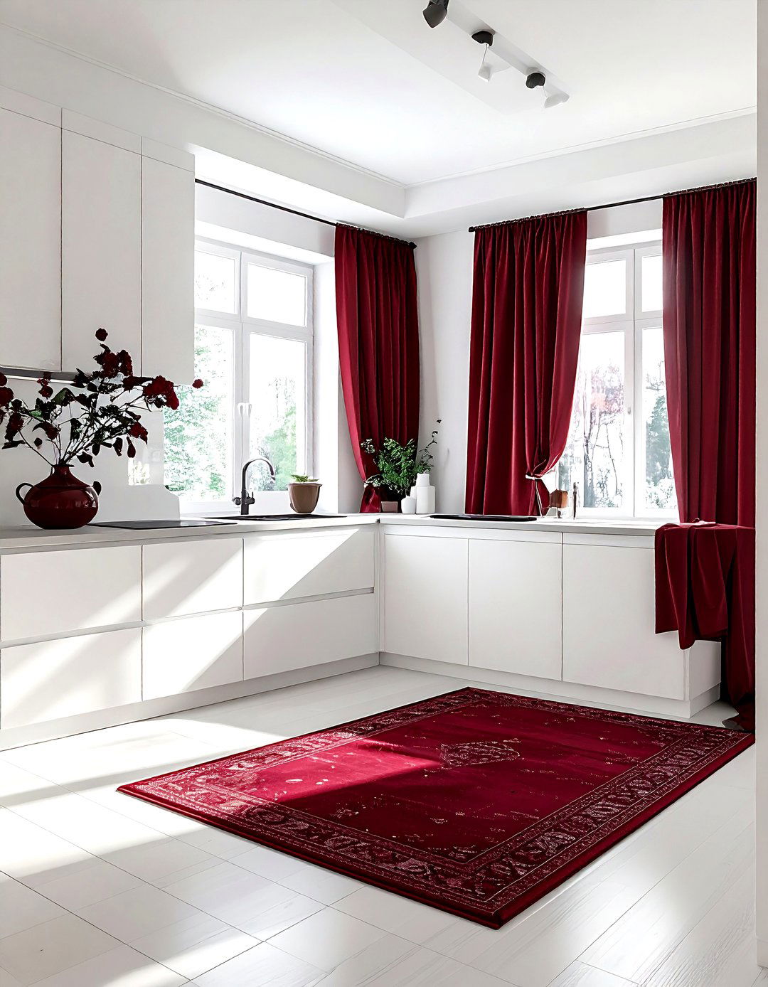 Burgundy textiles white kitchen - 30 burgundy and white kitchen ideas