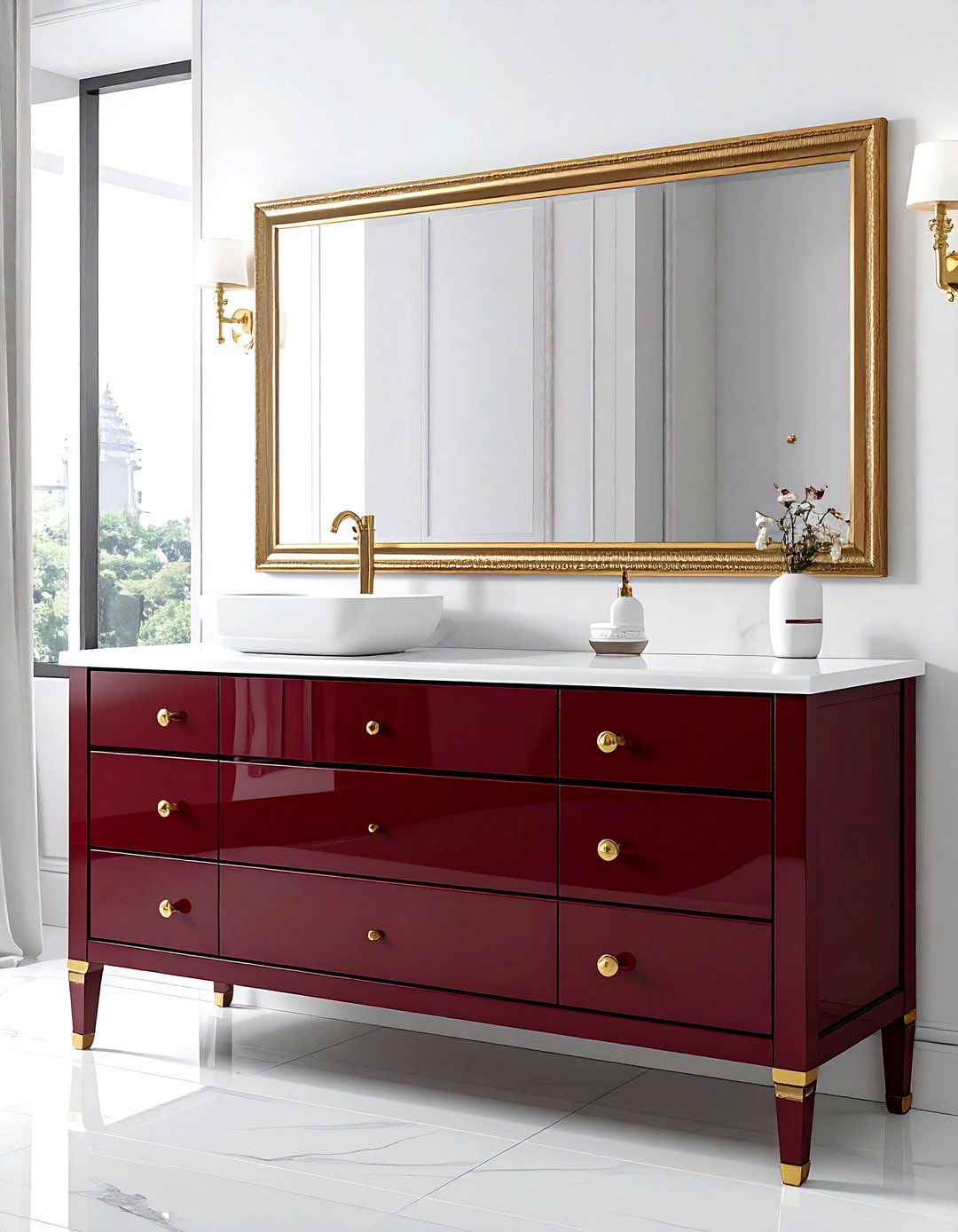 Burgundy vanity gold hardware white bathroom - 30 burgundy and white bathroom ideas