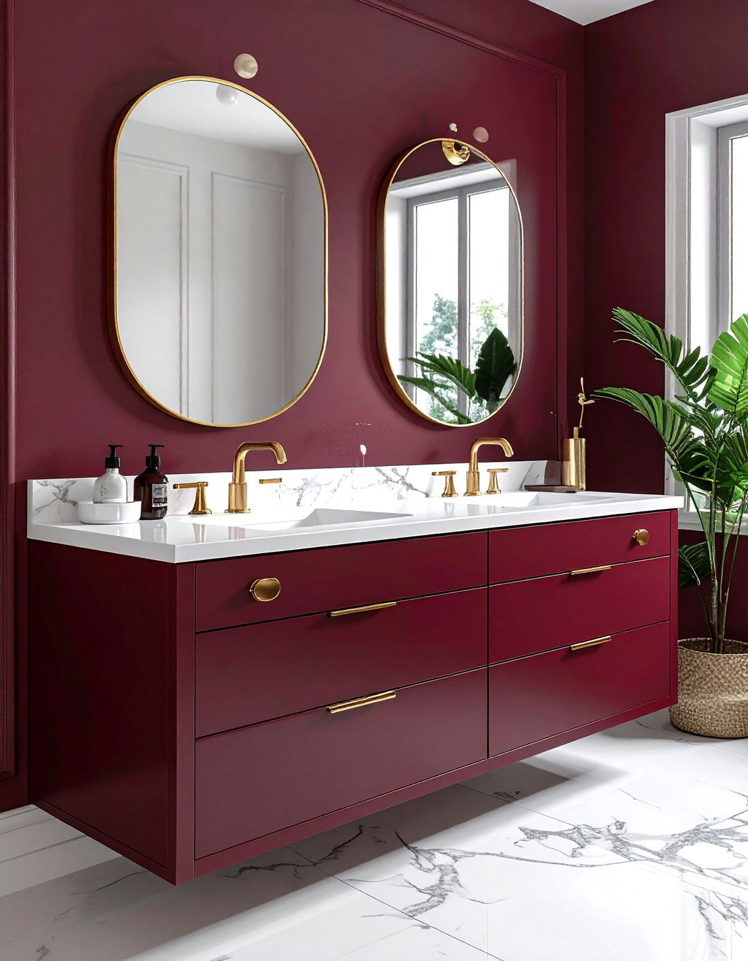 Burgundy vanity white marble top - 30 burgundy and white bathroom ideas