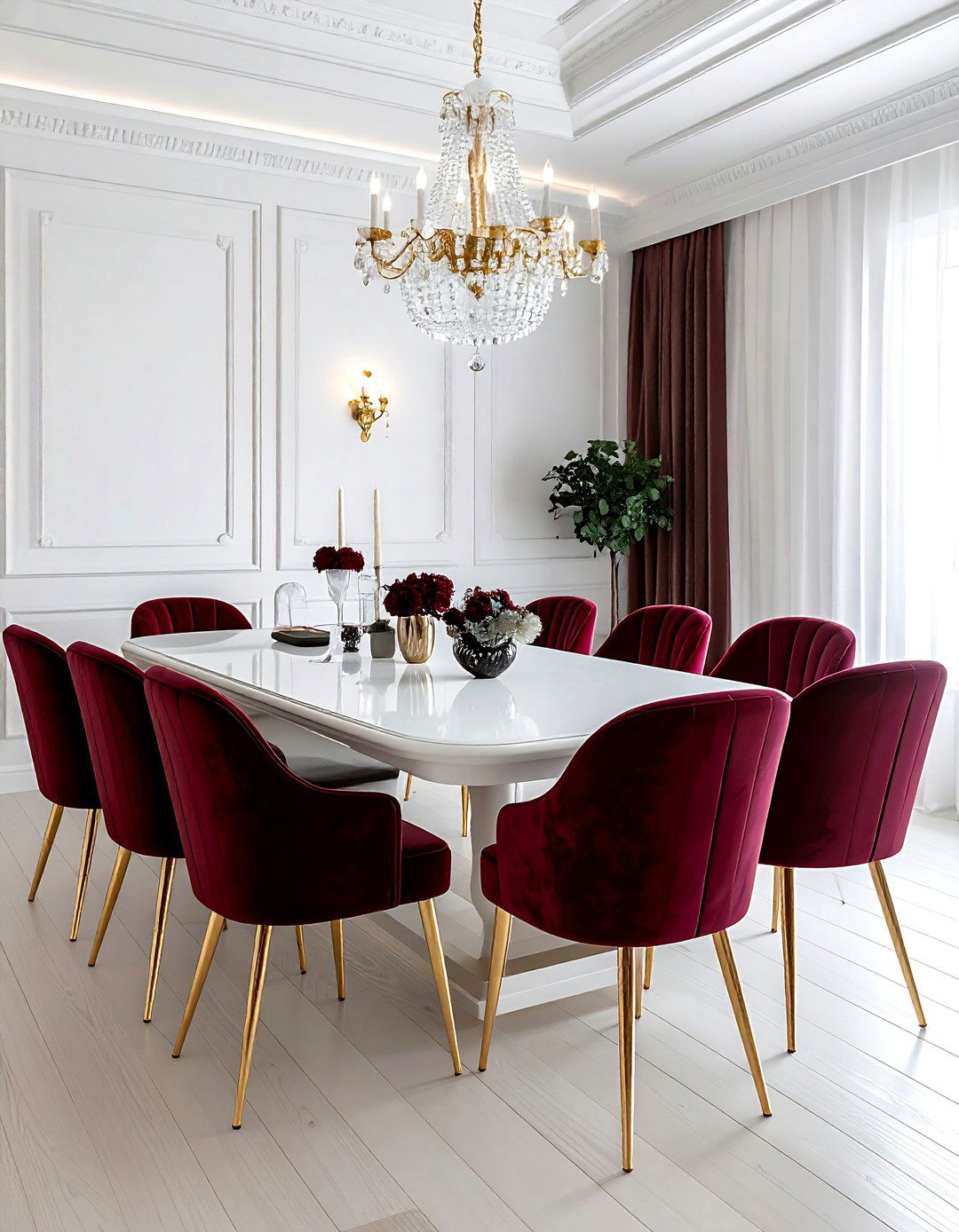 Burgundy velvet dining chairs - 30 burgundy and white dining room ideas