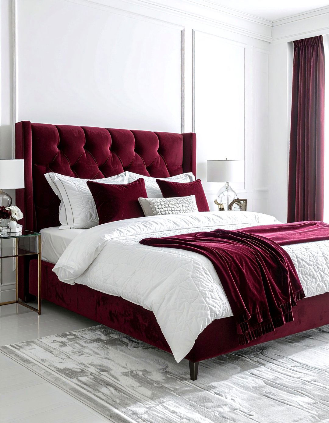 Burgundy velvet headboard white walls - 30 burgundy and white bedroom ideas