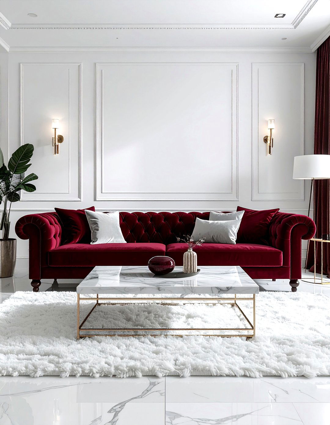 Burgundy velvet sofa white walls - 30 burgundy and white living room ideas