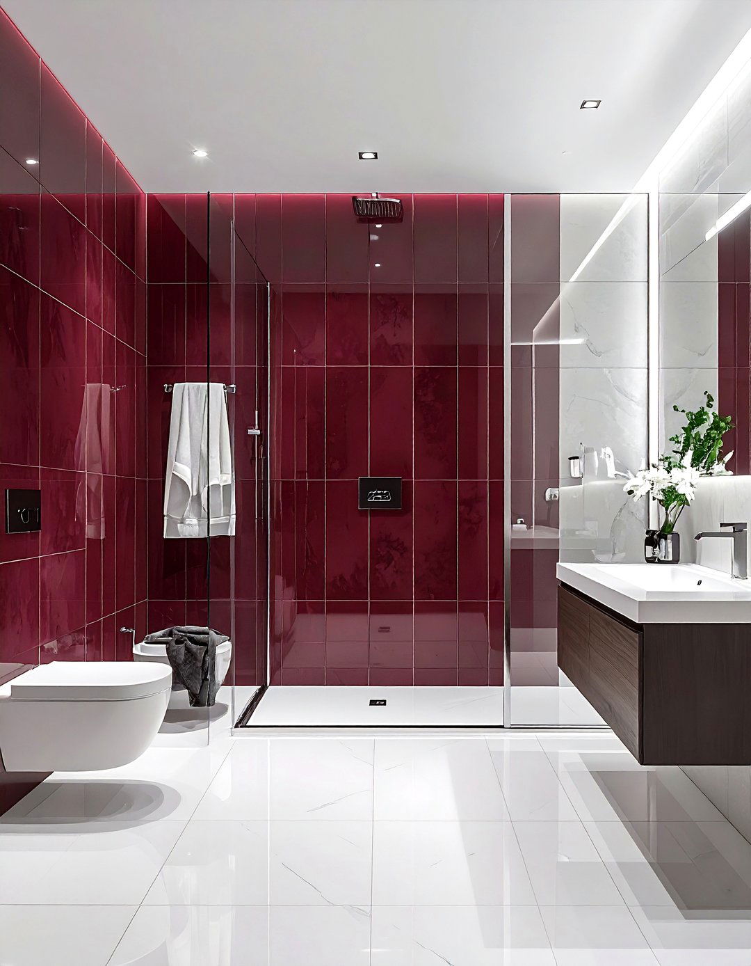 Burgundy vertical tile white bathroom - 30 burgundy and white bathroom ideas