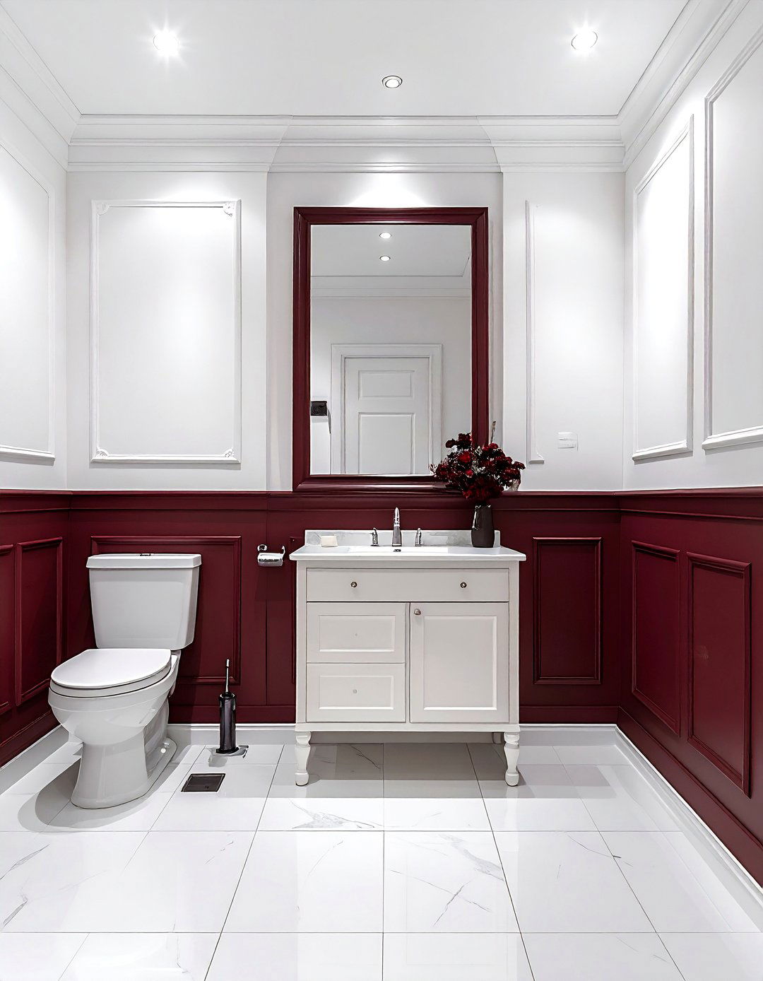 Burgundy wainscoting white bathroom walls - 30 burgundy and white bathroom ideas