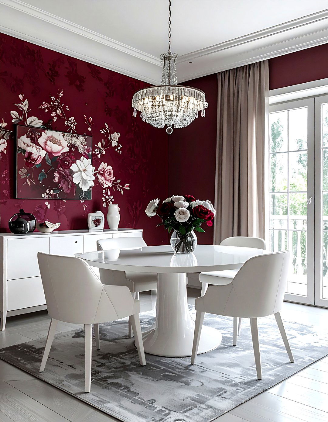 Burgundy wallpaper dining room - 30 burgundy and white dining room ideas