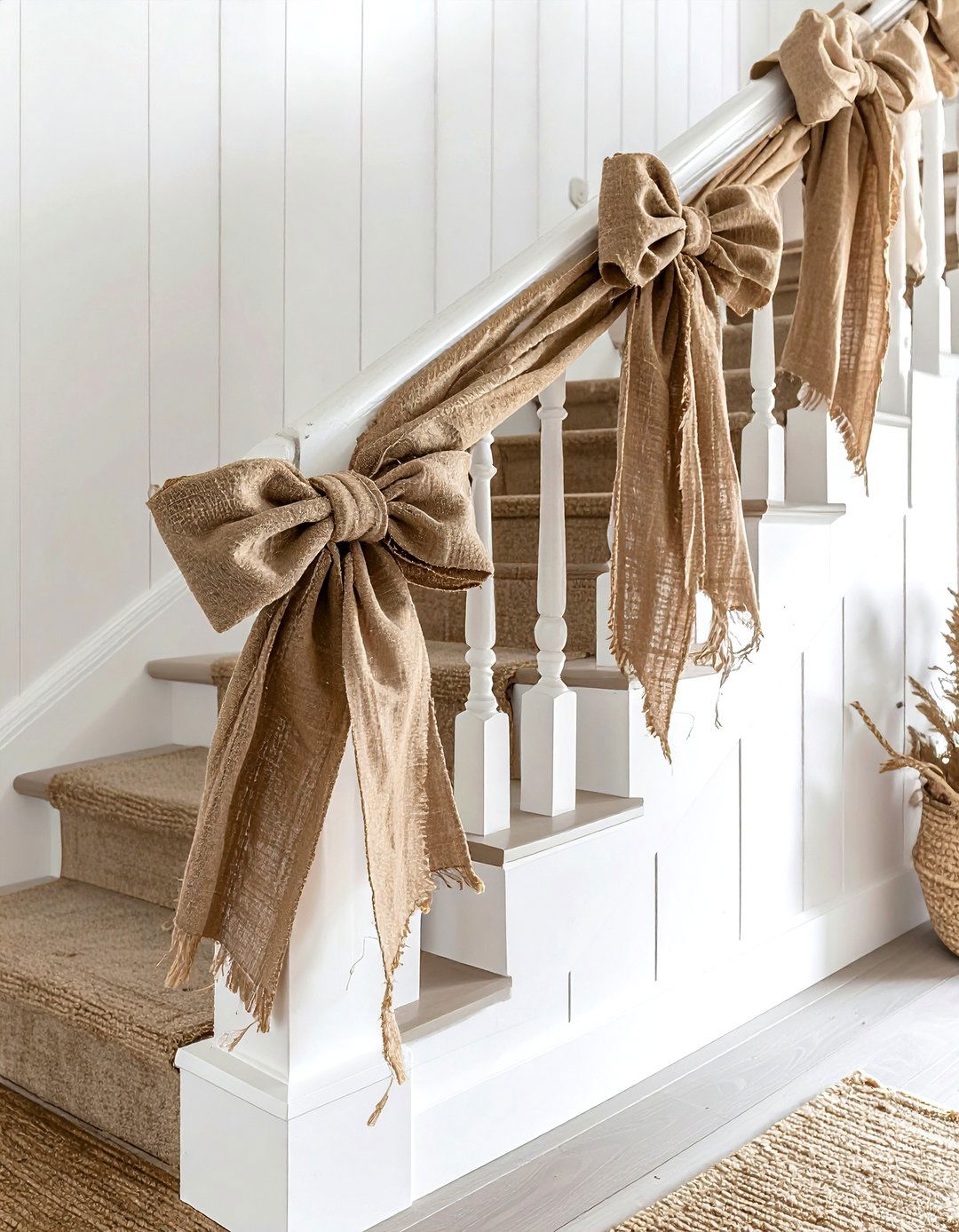 Burlap Staircase Wrap - 30 banister decor ideas