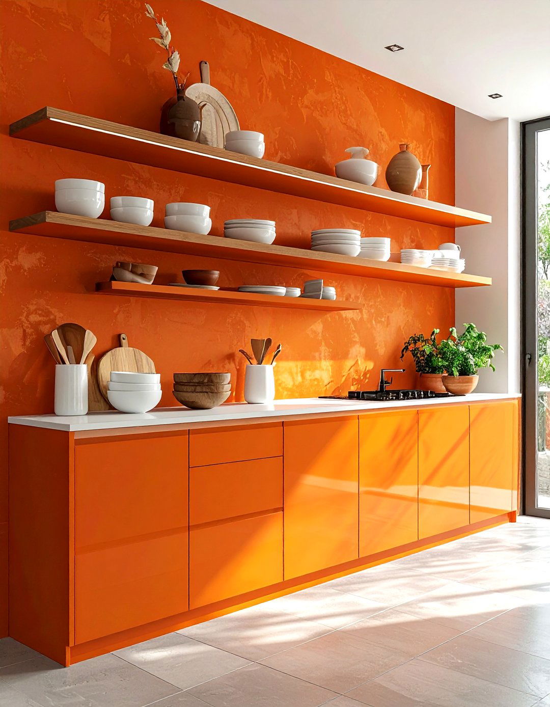 Burnt Orange Open Shelving - 30 burnt orange kitchen ideas