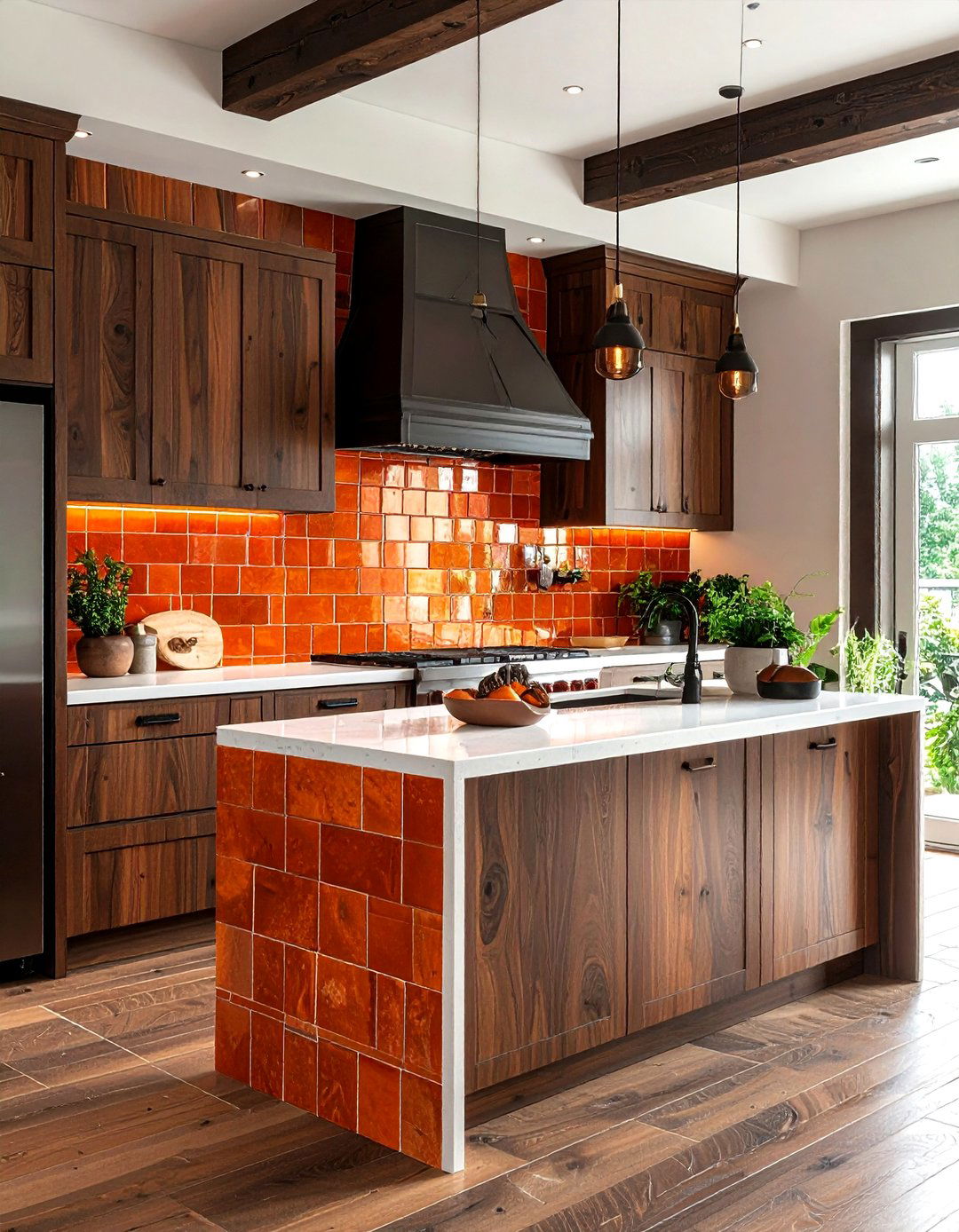 Burnt Orange Stacked Tile - 30 stacked tile kitchen backsplash ideas