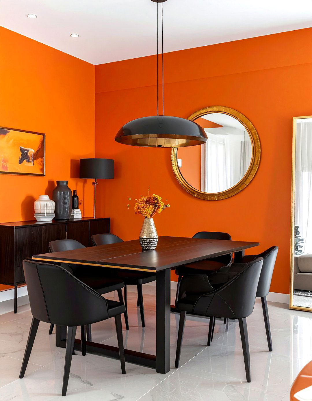 Burnt orange accent wall - 30 orange dining room decor ideas