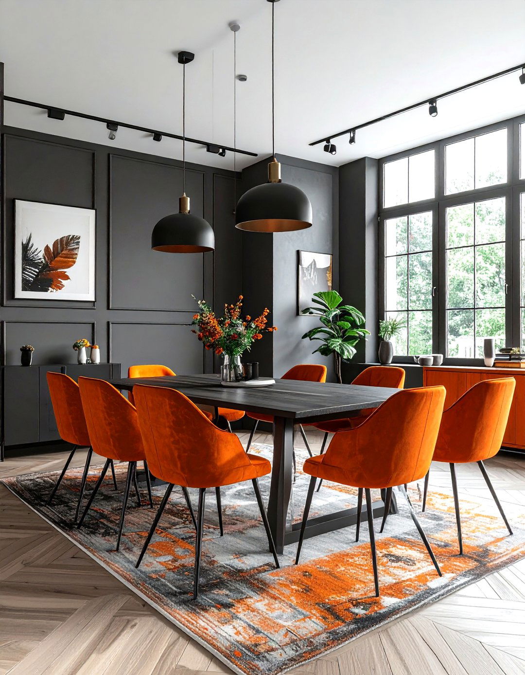 Burnt orange and charcoal dining room - 30 two-tone dining room ideas