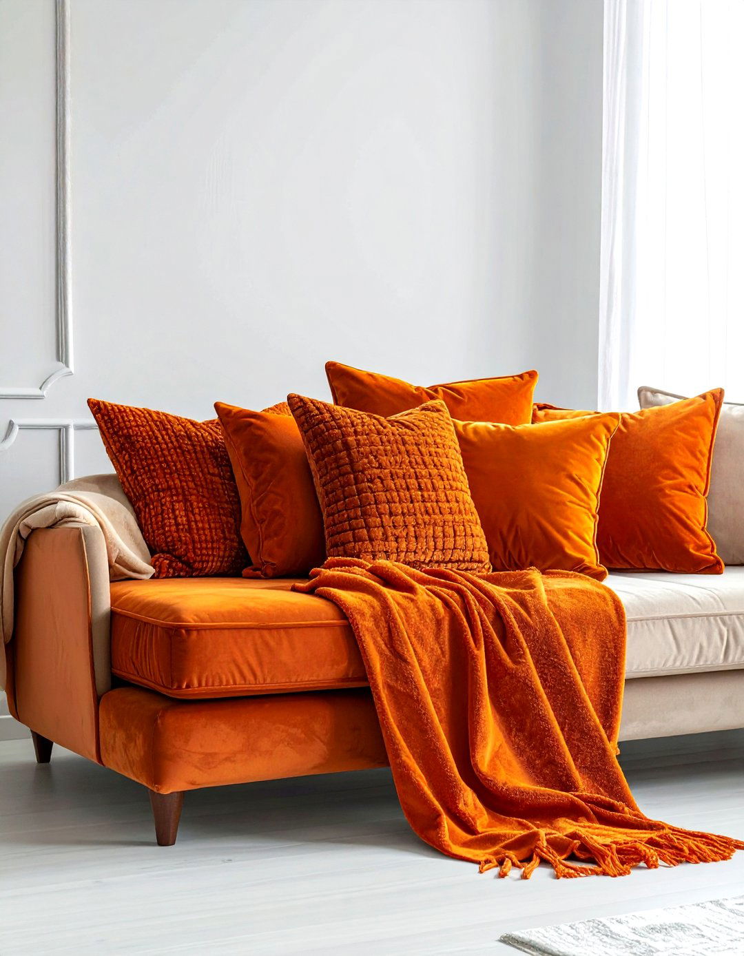 Burnt orange throw pillows - 30 orange living room decor ideas