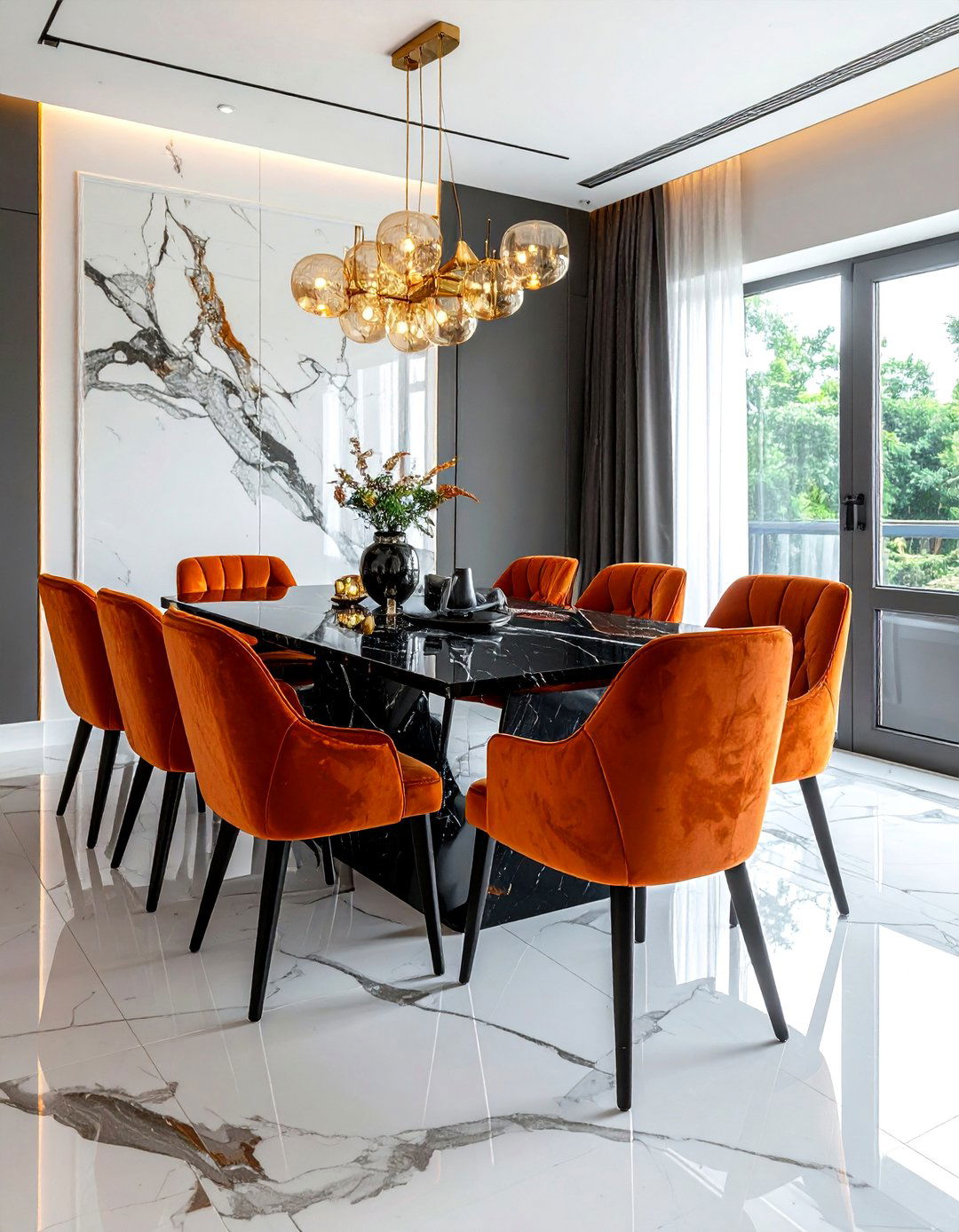 Burnt orange velvet chairs - 30 bright orange dining room ideas
