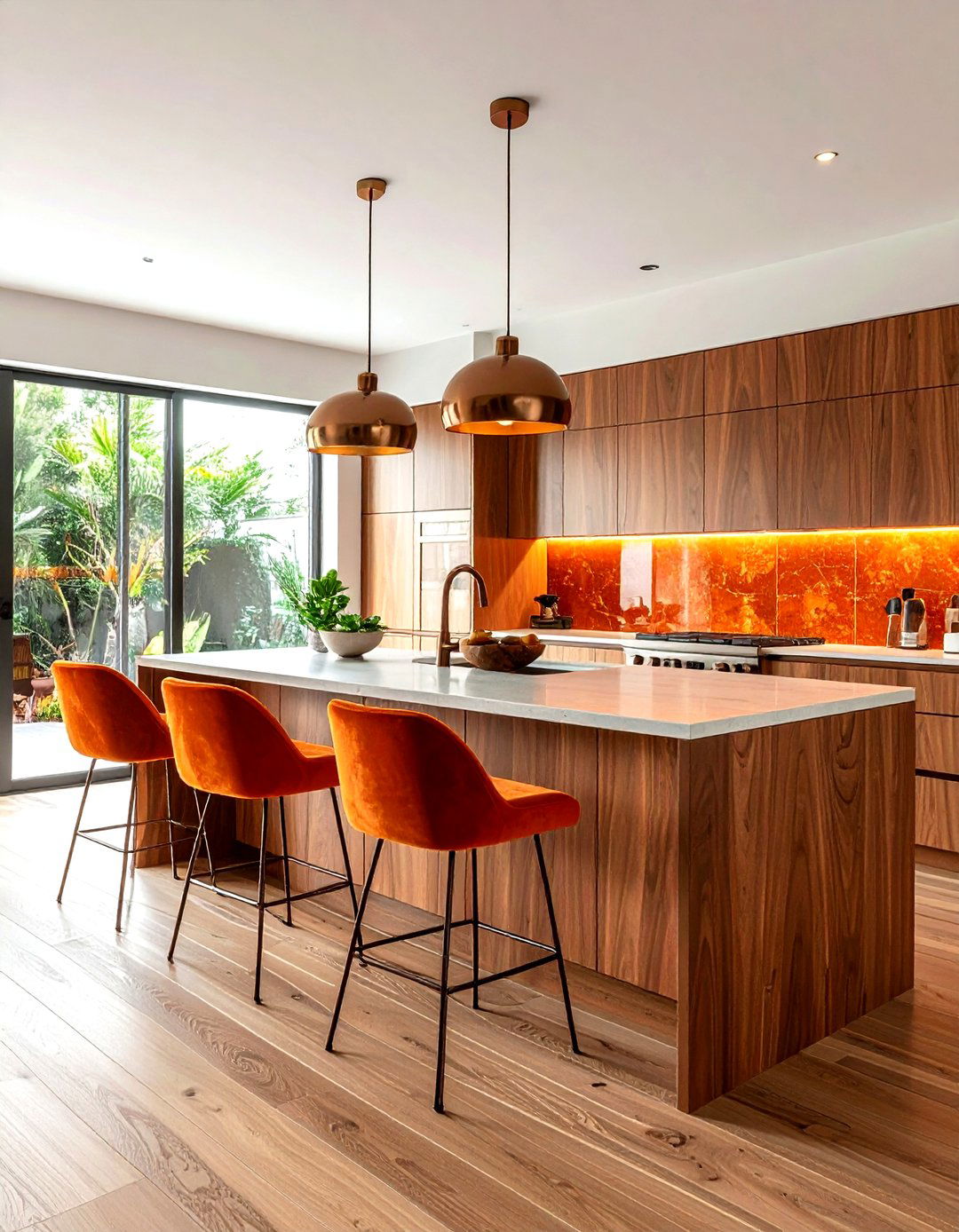 Burnt orange velvet seating for kitchen island - 30 velvet kitchen ideas