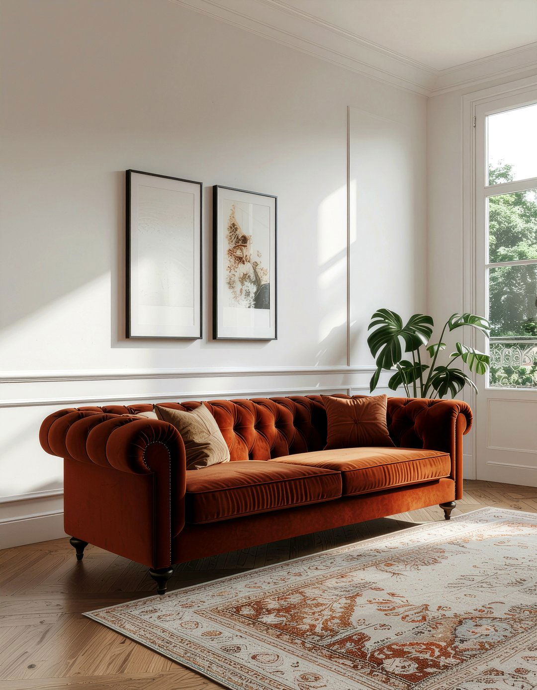 Burnt orange velvet sofa - 30 burnt orange living room ideas