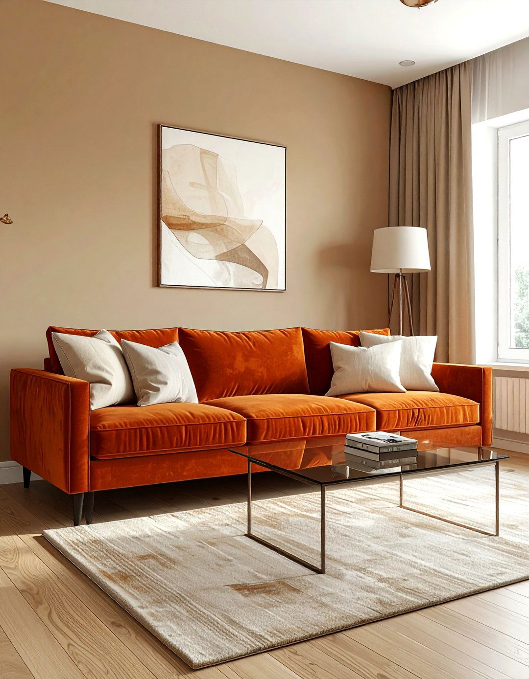 Burnt orange velvet sofa - 30 orange living room decor ideas