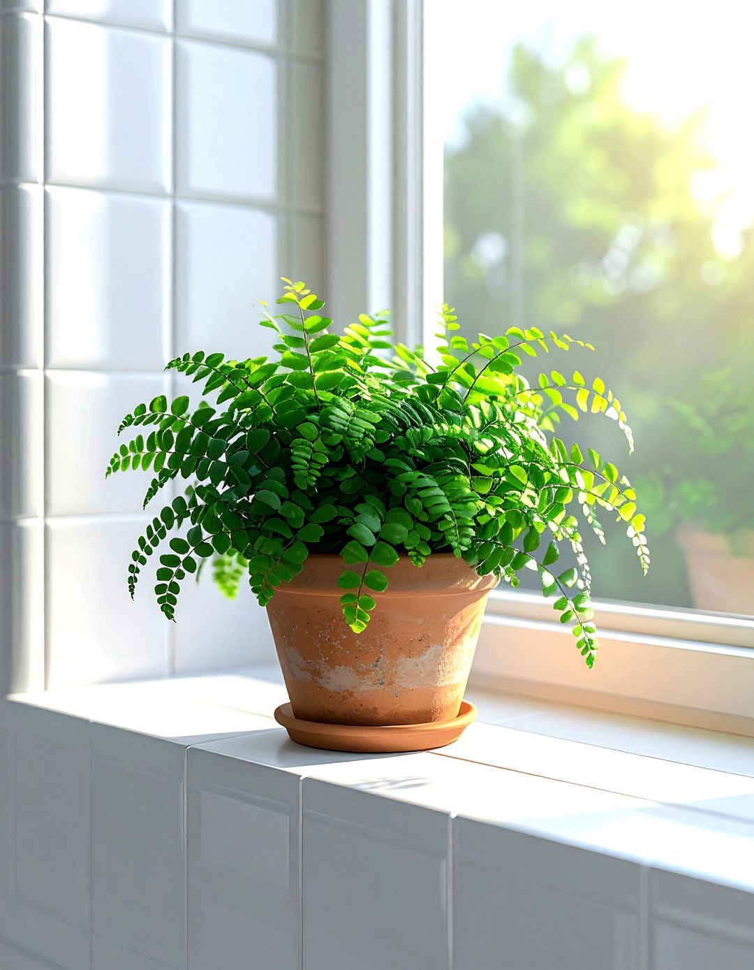 Button Fern Windowsill - 30 bathroom fern ideas