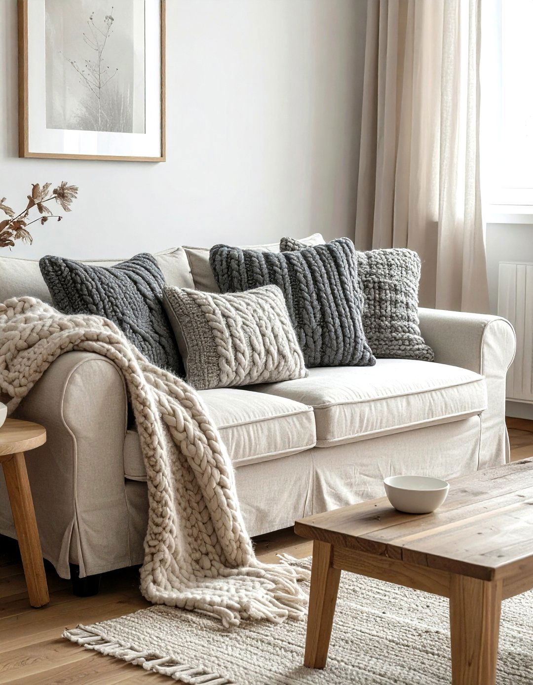 Cable Knit Pillow On Linen Sofa - 30 mixed texture decor ideas