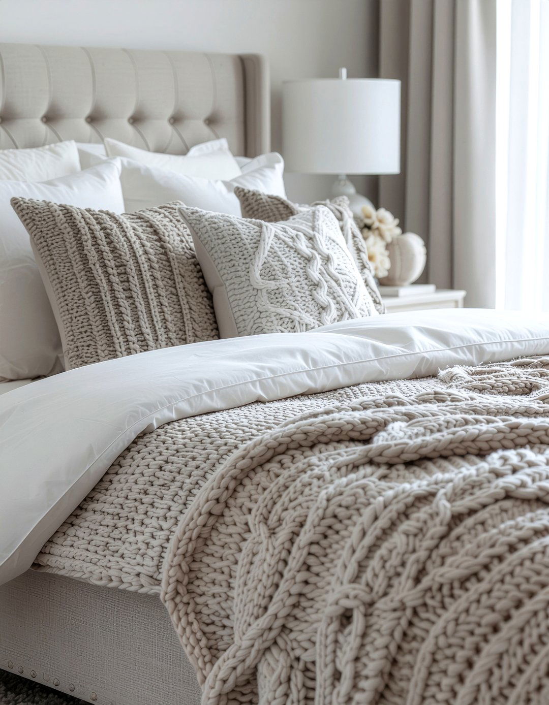 Cable knit cushion - 30 bedroom texture layering ideas
