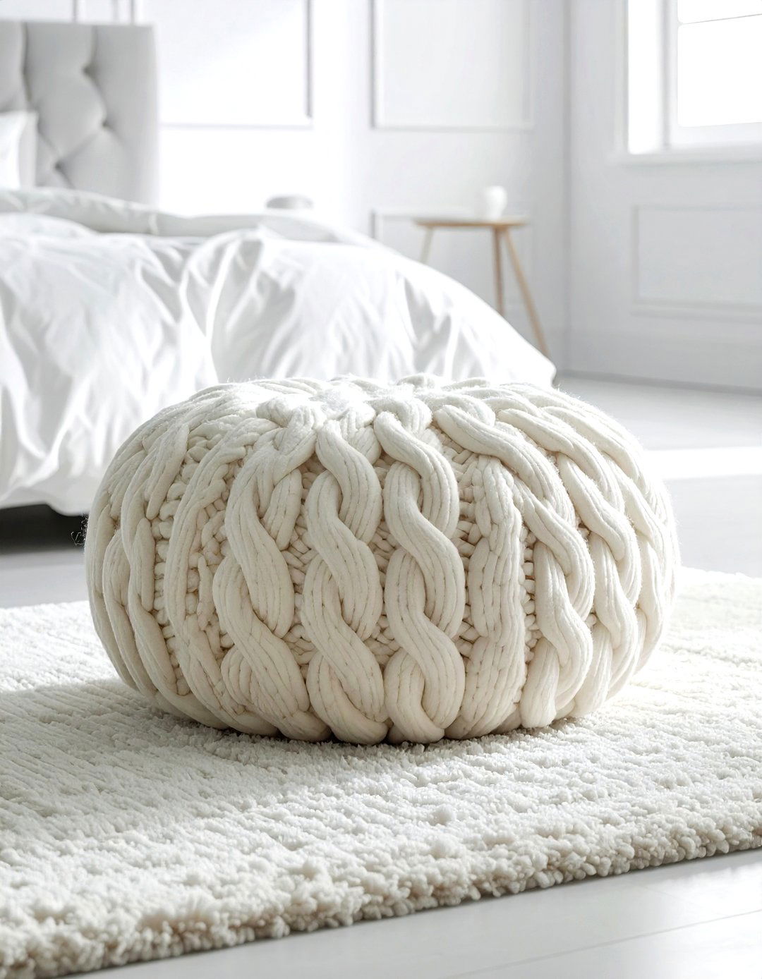 Cable knit pouf - 30 soft texture bedroom ideas