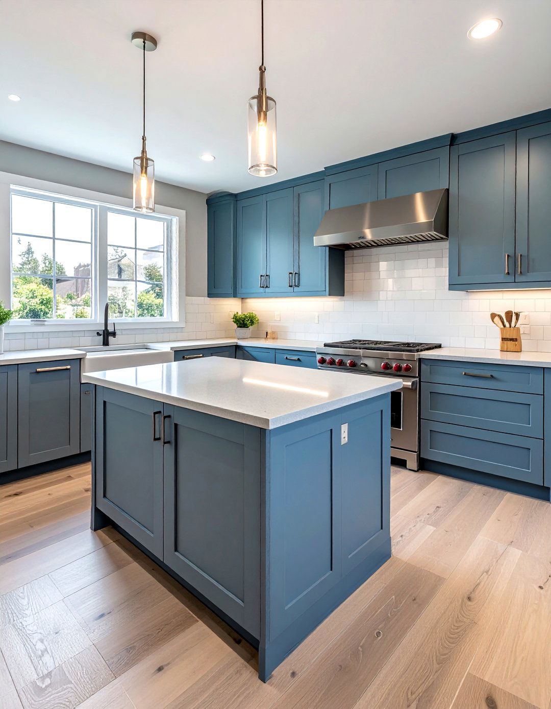 Cadet blue cabinets with light gray quartz - 30 blue and gray kitchen ideas