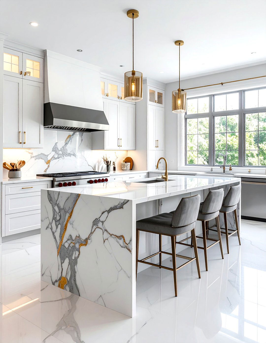 Calacatta Marble Waterfall Island - 30 waterfall kitchen island ideas