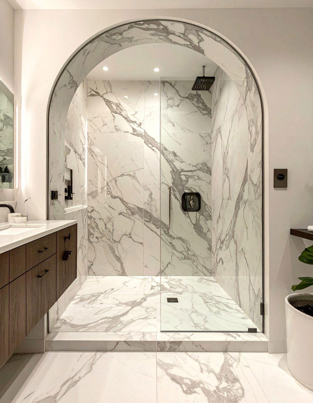 Calacatta marble arched shower - 30 Calacatta marble bathroom ideas