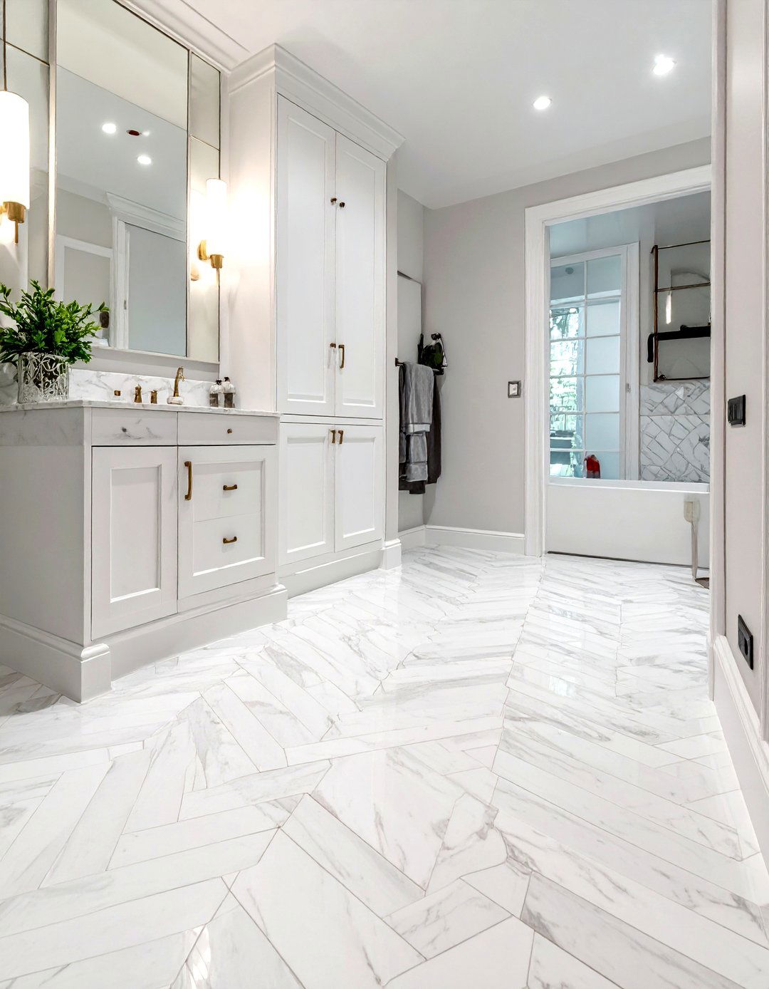 Calacatta marble herringbone floor - 30 Calacatta marble bathroom ideas
