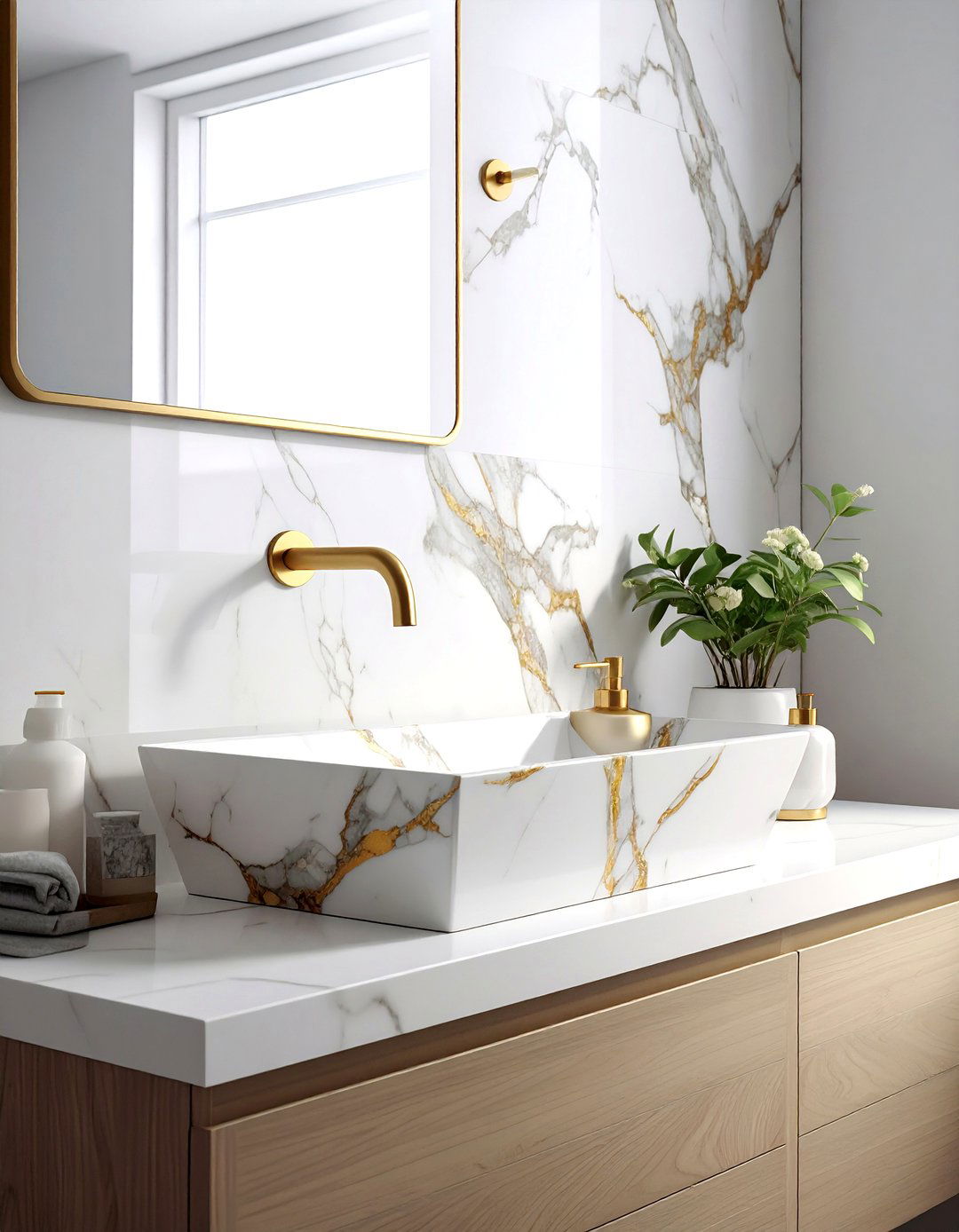 Calacatta marble wall mount sink - 30 stone sink ideas