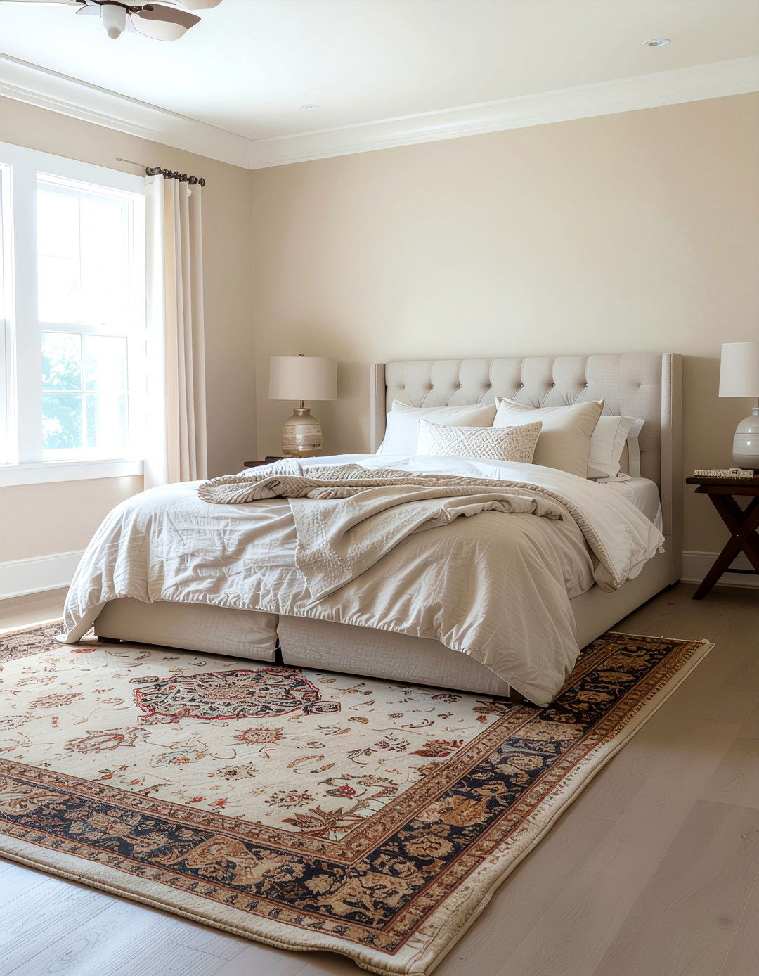 Camel and cream rug - 30 camel bedroom ideas