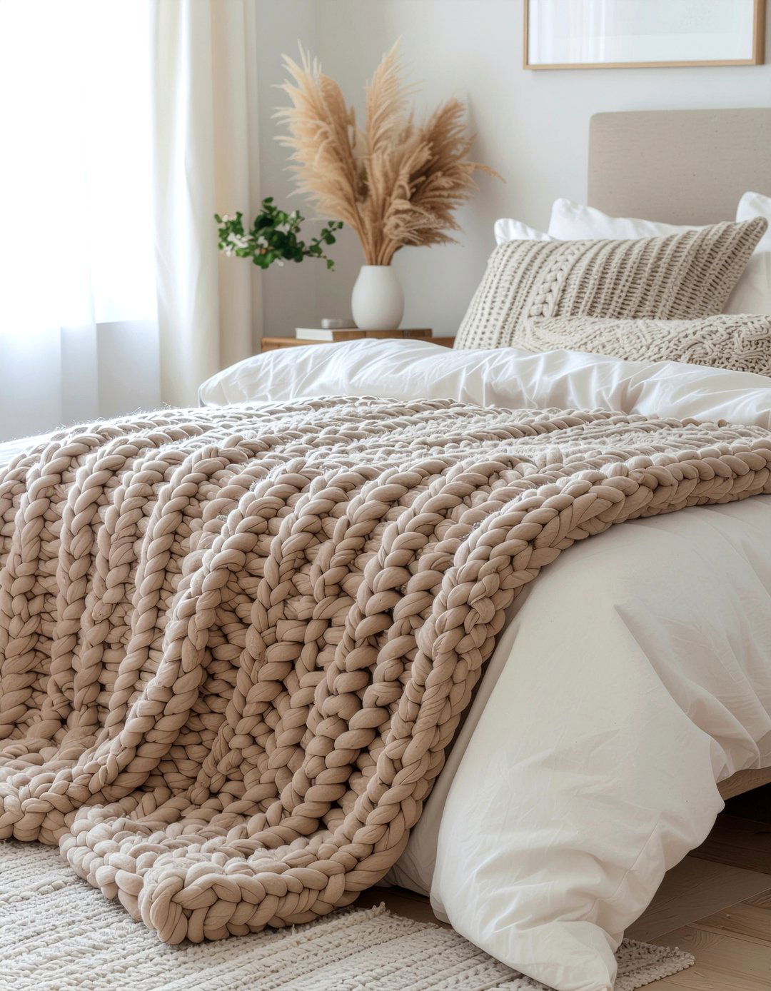 Camel chunky knit blanket - 30 camel bedroom ideas