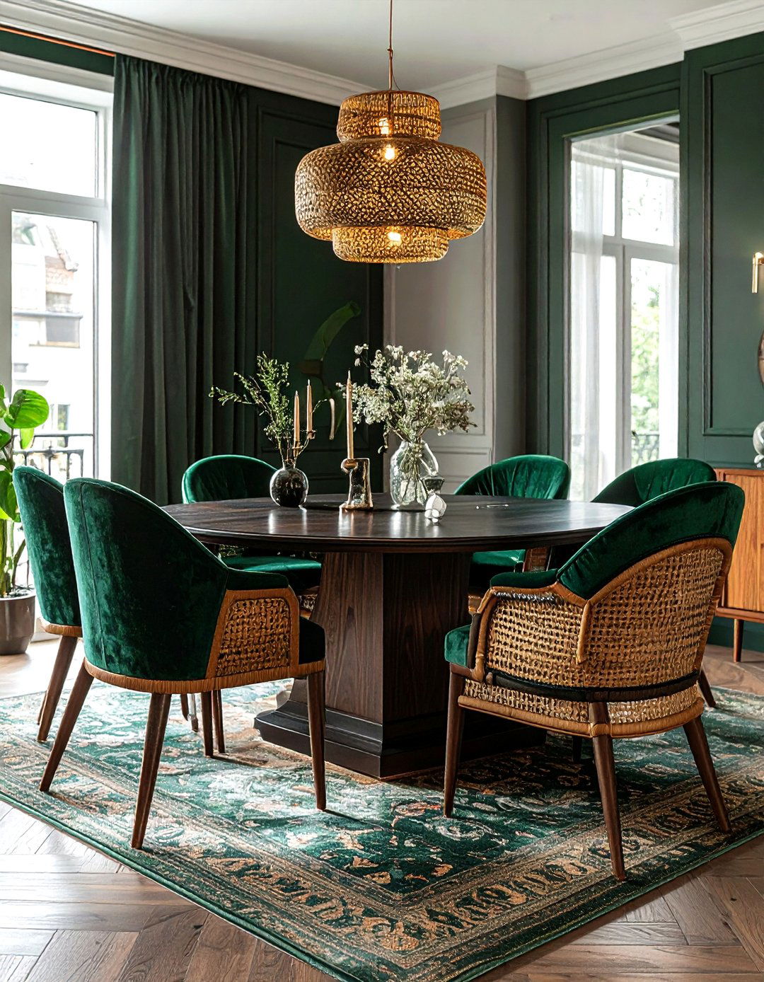 Cane and velvet dining chairs - 30 cane dining room ideas