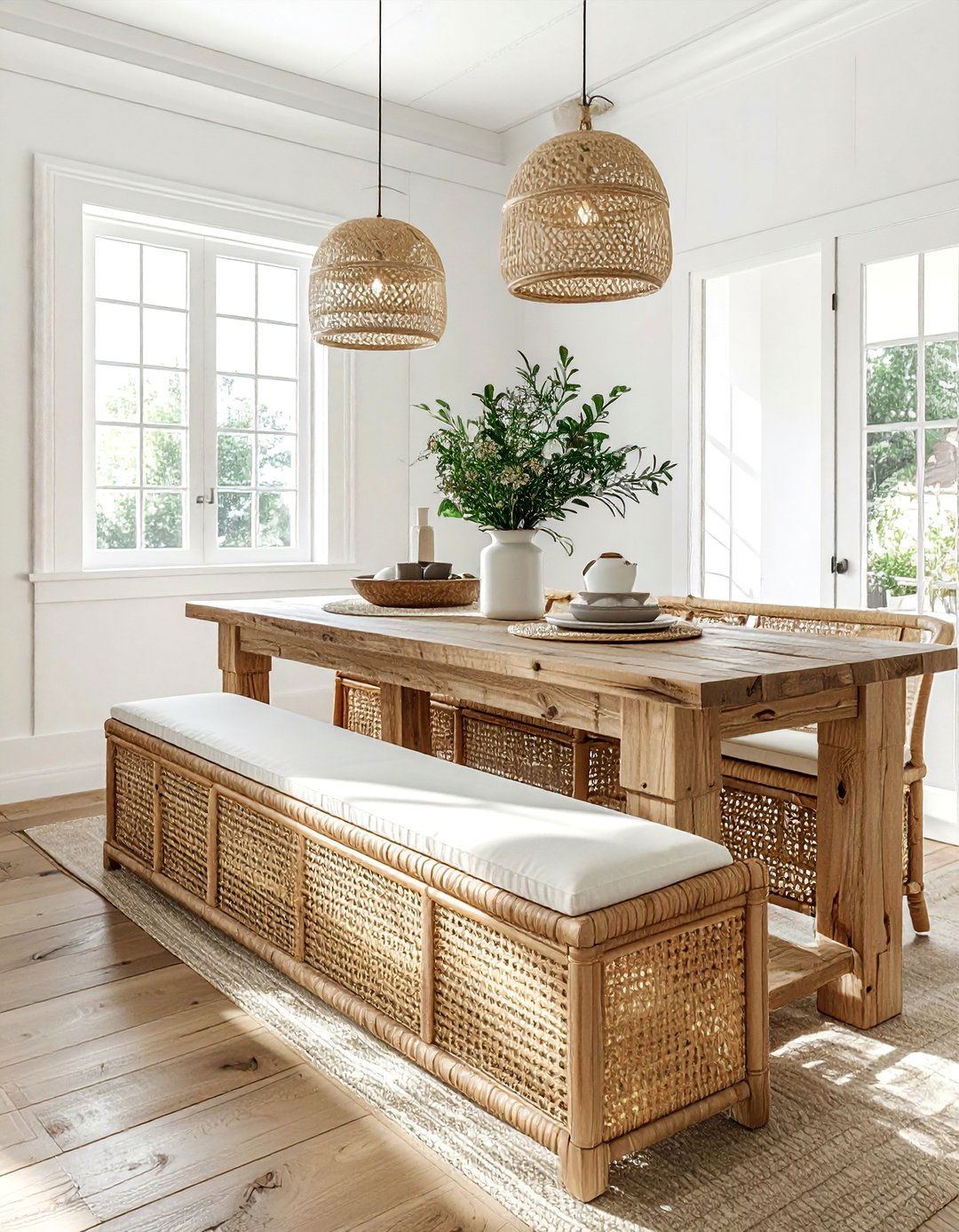 Cane back bench for table - 30 cane dining room ideas