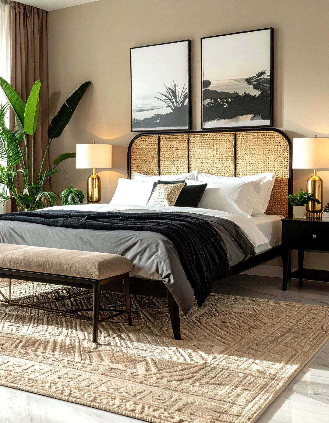 Cane back headboard bedroom - 30 mid-century glam bedroom ideas