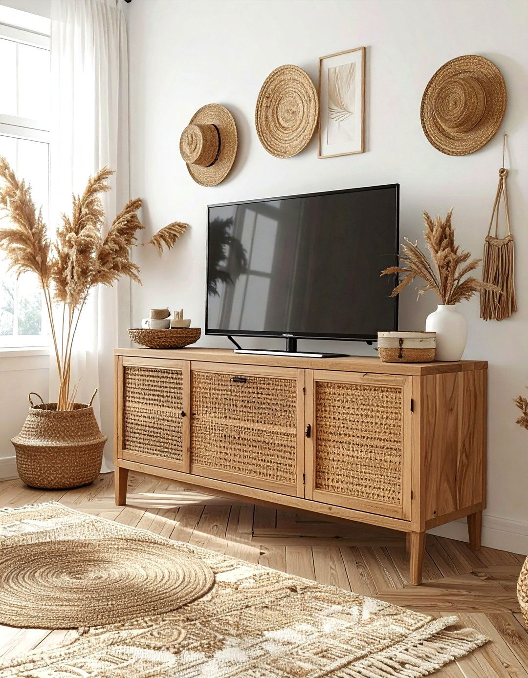 Cane door TV stand - 30 living room media cabinet ideas