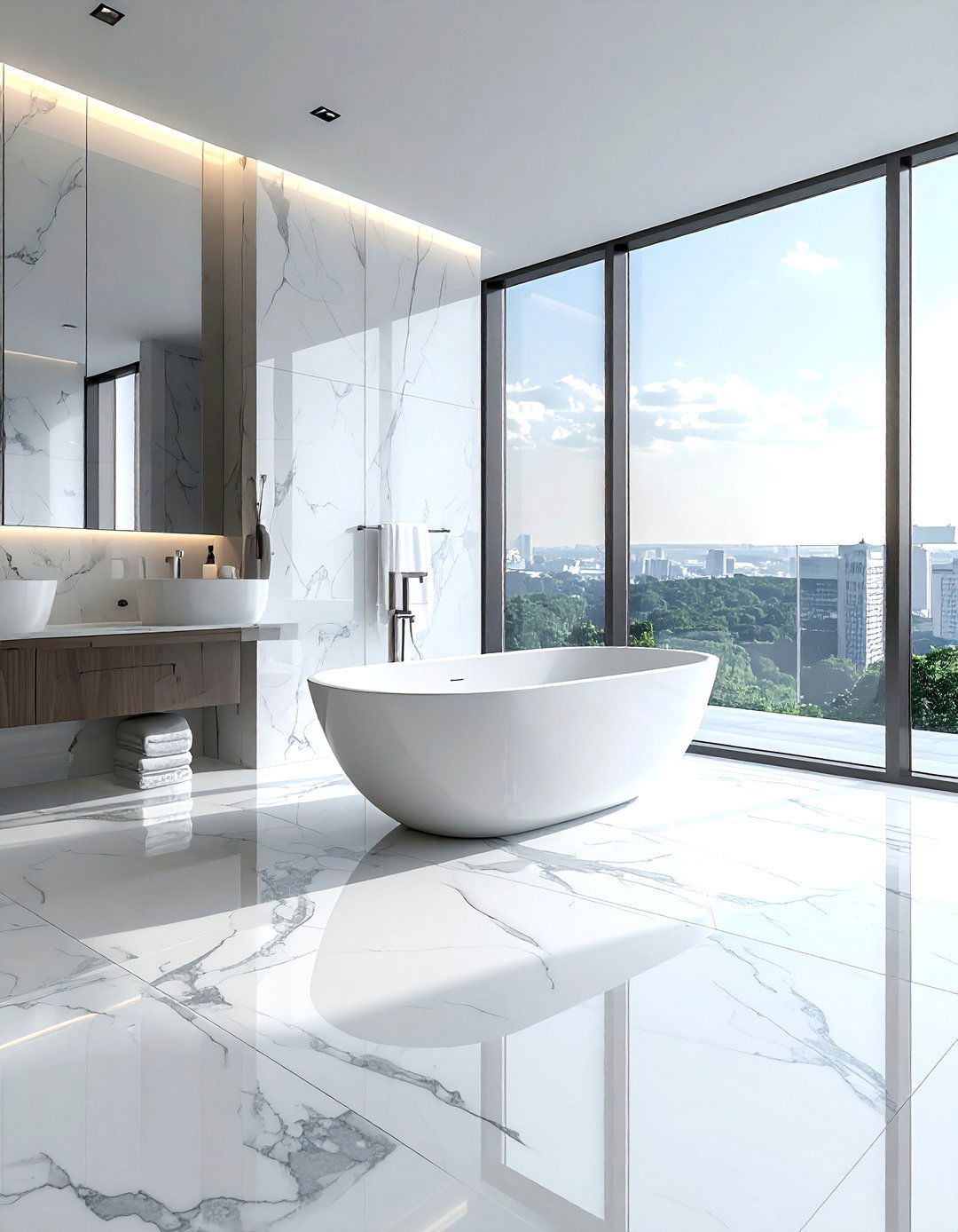 Carrara Marble Slab Floor - 30 bathroom floor design ideas