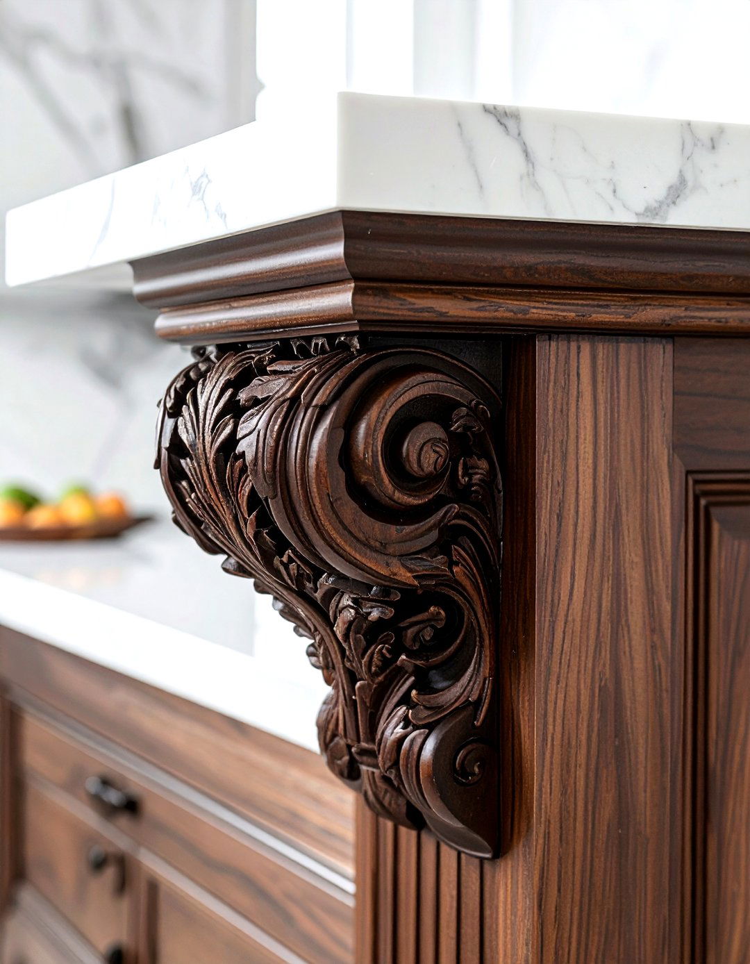 Carved Leaf Island Corbel - 30 kitchen corbel ideas