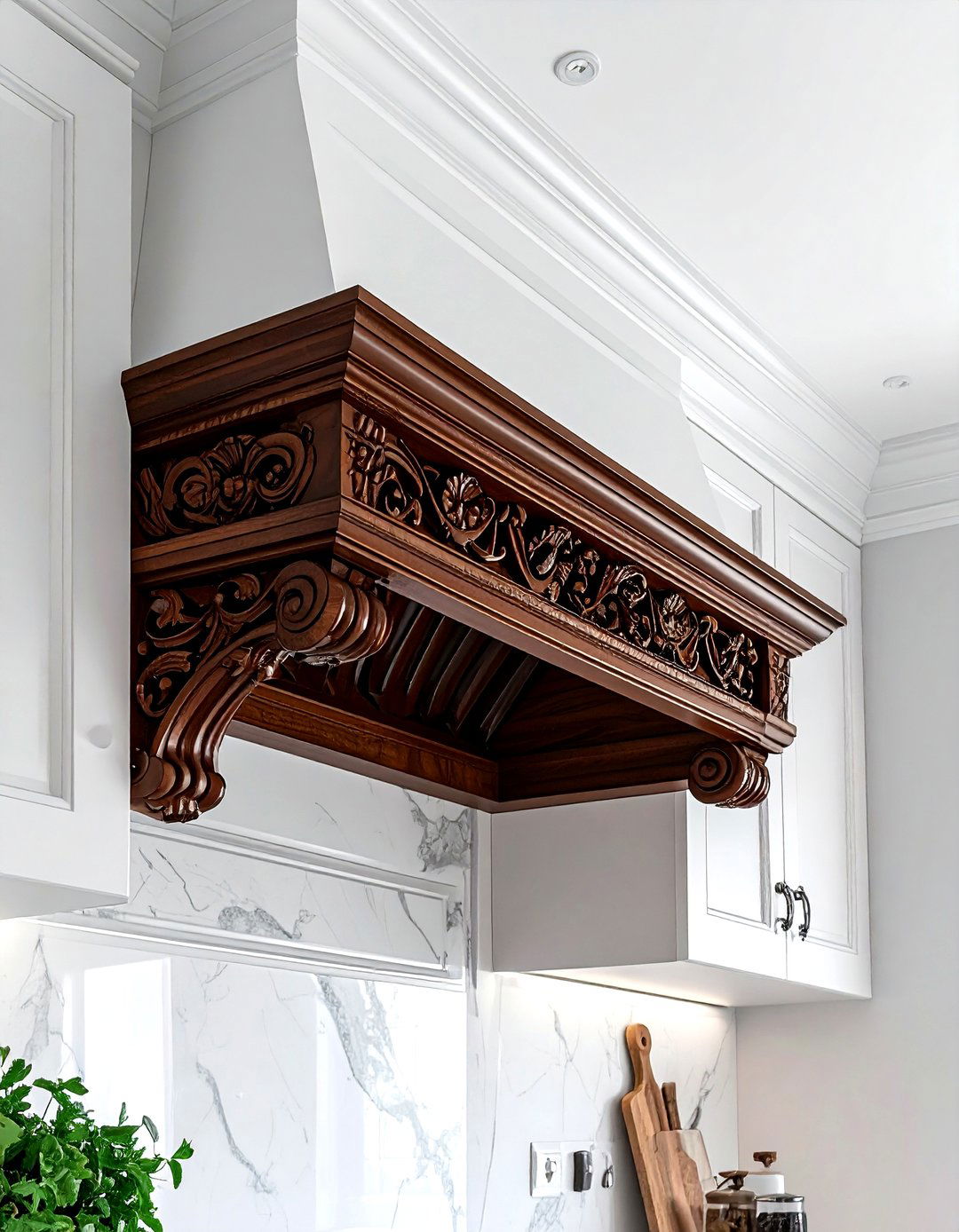 Carved Wood Hood - 30 wood hood kitchen ideas