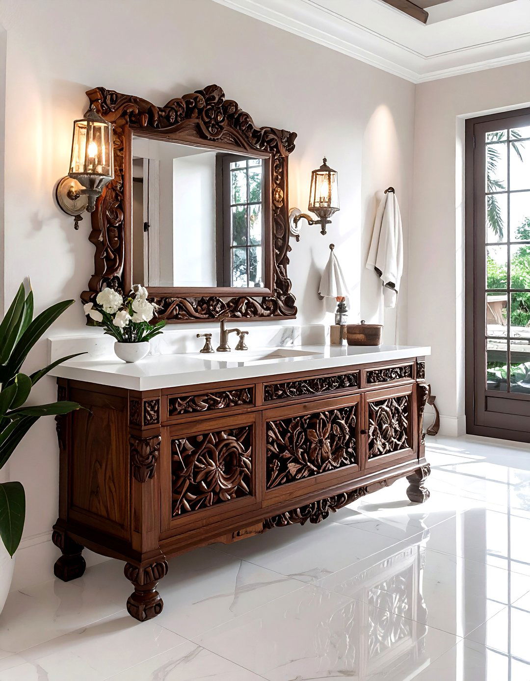 Carved wood vanity - 30 Spanish bathroom ideas