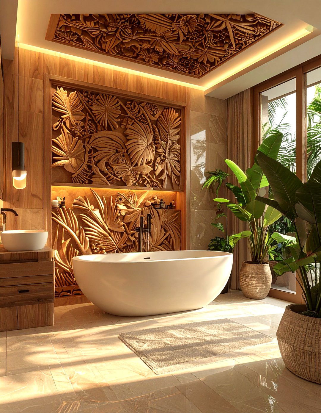 Carved wood wall art - 30 wood accent bathroom ideas